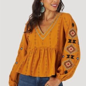 Wrangler Retro Embordiery Southwestern Boho Hippie Baby Doll Blouse Small